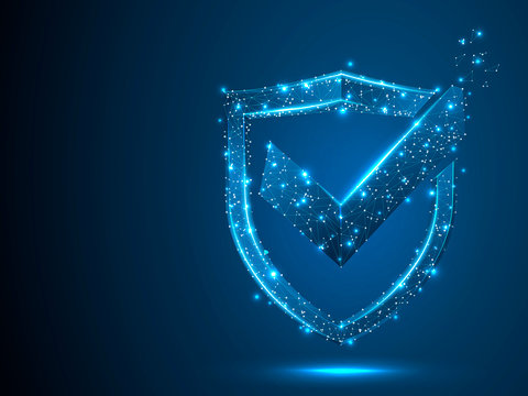 Shield with Check mark. Network security, safety, privacy concept. Neon shield protection abstract low poly, polygonal, wireframe image. Vector 3d shield illustration on blue background