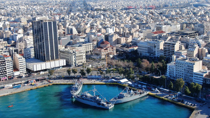 Aerial drone photo of famous Christian ceremony of Epiphany in main port of Piraeus