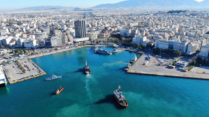 Fototapeta premium Aerial drone photo of famous Christian ceremony of Epiphany in main port of Piraeus