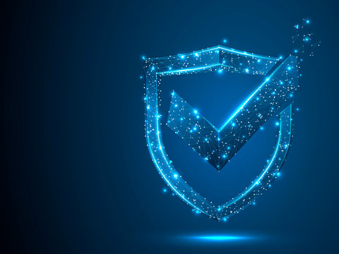Shield with Check mark. Network security, safety, privacy concept. Neon shield protection abstract low poly, polygonal, wireframe image. Raster 3d shield illustration on blue background