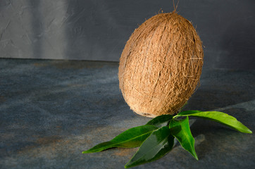 Whole coconut with fresh leaves on the black table