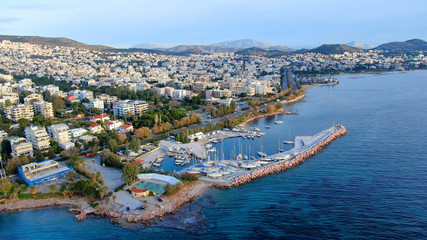Aerial drone bird's eye view of famous seascape of Athens Riviera, Voula, Athens Riviera, Attica,...