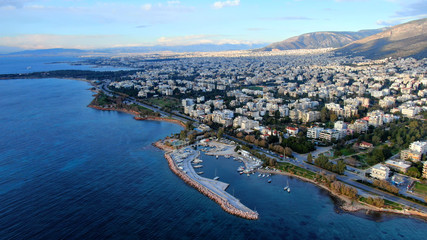 Aerial drone bird's eye view of famous seascape of Athens Riviera, Voula, Athens Riviera, Attica, Greece