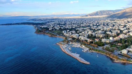 Aerial drone bird's eye view of famous seascape of Athens Riviera, Voula, Athens Riviera, Attica, Greece