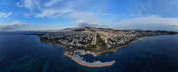 Fotobehang Aerial drone bird's eye view of famous seascape of Athens Riviera, Voula, Athens Riviera, Attica, Greece © aerial-drone