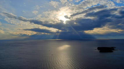 Fototapeta premium Aerial drone photo of beautiful sunset over the Aegean sea and Greek islands, Greece