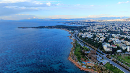 Fototapeta premium Aerial drone bird's eye view of famous seascape of Athens Riviera, Voula, Athens Riviera, Attica, Greece