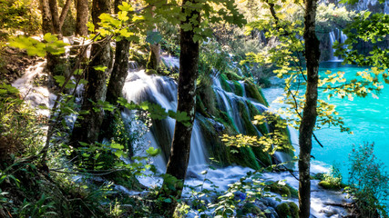 Obraz premium Waterfall and Lake within the colorful Plitvice National Park in Croatia