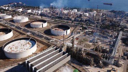 Aerial drone photo of famous full working plant and oil refinery of Motor Oil in Corinth area,...
