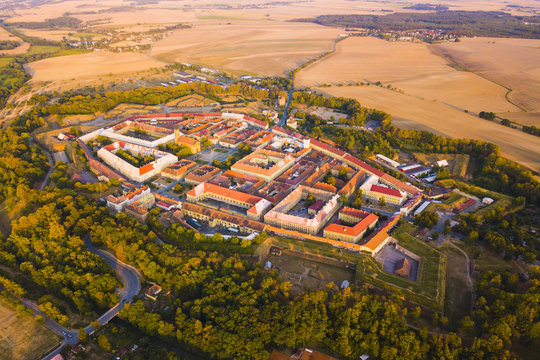 Aerial view of Josefov fortress in Jaromer. Josefov is a large historic defence complex of 18th century military architecture. Famous fortress from above. Czech republic, European union.