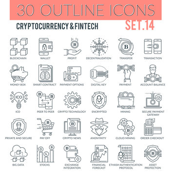 Cryptocurrency and Fintech Outline Icons