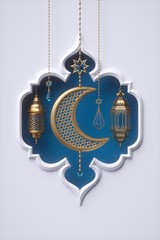 3d render, blue arabic frame, ornaments hanging on golden chains, lantern, tribal decoration, festive greeting card template, arabesque design, empty banner, white background