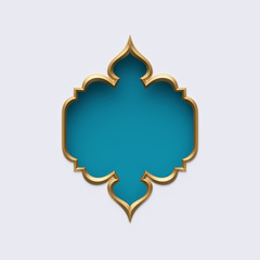 3d render, blue gold arabic frame, ornate shape, tribal decor, festive greeting card template, arabesque design, empty banner, isolated on white background