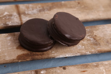 Chocolate cakes and dulce de leche, typical in Argentina. called Alfajores