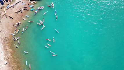 Aerial bird's eye view photo taken by drone of stand up paddle surfing or SUP competition in...
