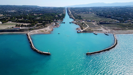 Aerial bird's eye view photo taken by drone of Corinth Canal entrance of Isthmos or Isthmus,...