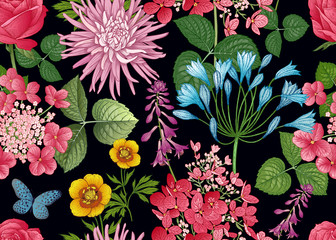 Nahtloses Blumenmuster. Astern und Hortensien. © marinavorona