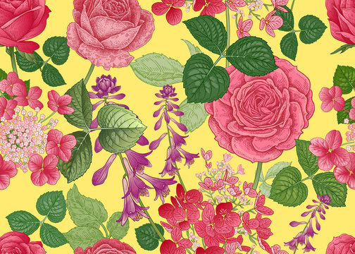 Floral seamless pattern. Roses and hydrangeas.