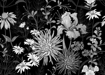 Naklejka premium Seamless background with wild flowers. Black and white pattern.