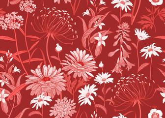 Fototapeta na wymiar Seamless pattern with wild flowers. Red and white pattern.