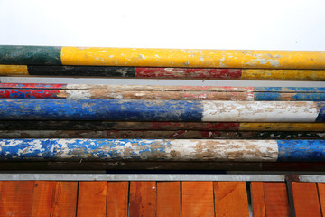 Colorful photo of equestrian obstacles. Empty field for horse jumping event competition
