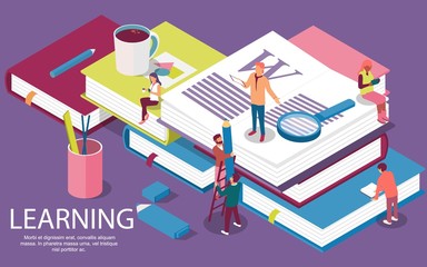 Isometric concept with books for learning or teaching, education and content management for web page, banner, social media, documents, cards, posters. 