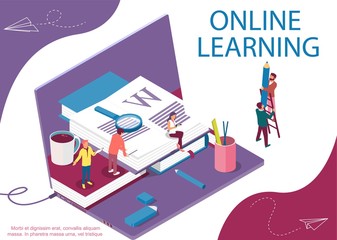 Isometric concept with books and characters for learning or teaching, education and content for web page, banner, social media, documents, cards, posters. Double exposure effect, laptop as background.