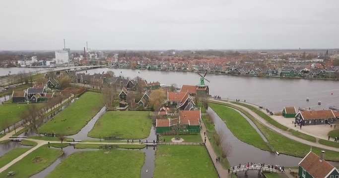 Aerial: Zaanse Schans village, Netherlands