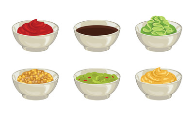 Set of different sauces. Ketchup, soy, wasabi, whole Grain Mustard, guacamole, sweet and spicy mustard dipping sauce. Vector illustration of  ceramic dip bowl isolated on white. Cartoon flat style.