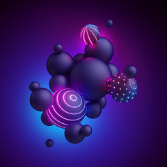 3d render, abstract geometric background, neon light, ultraviolet spectrum, glowing decorative balls, balloons, candy, primitive shapes, minimalistic design, party decoration, toys, isolated elements
