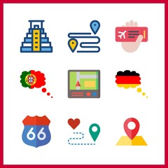 9 destination icon. Vector illustration destination set. maps and flags and gps icons for destination works