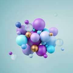 3d render, abstract blue violet balls, pastel balloons, geometric background, multicolored primitive shapes, minimalistic design, party decoration, plastic toys, isolated elements