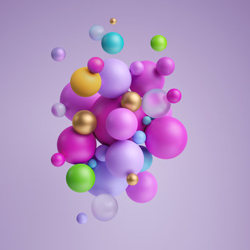 3d render, abstract pastel balls, pink violet balloons, geometric background, primitive shapes, minimalistic design, pastel colors palette, party decoration, plastic toys, isolated elements