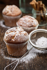 Strainer with powdered sugar and muffins.