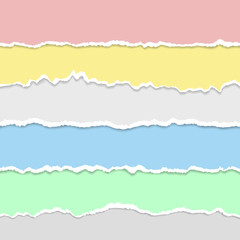 Naklejka premium Vector realistic torn paper set on colored backgrounds. Horizontal stripes with a soft shadow. Torn Paper Edge. Multi-colored stripes. Vector illustration. 