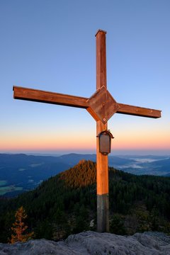 Summit cross, Grosser Osser near Lam, Kunisches Gebirge, Bavarian Forest, Upper Palatinate, Bavaria, Germany, Europe