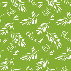 Fototapeta premium Food green seamless pattern with olive branch and olive oil lettering in hand drawn watercolor style on green background. Vegetarian cuisine illustration.