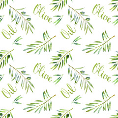 Naklejka na ściany i meble Food green seamless pattern with olive branch and olive oil lettering in hand drawn watercolor style on white background. Vegetarian cuisine illustration.