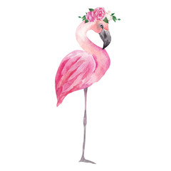 Watercolor illustration with pink flamingo and flowers