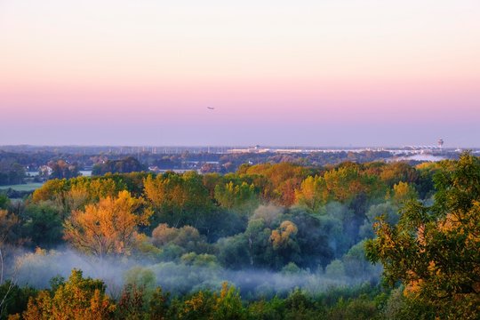Munich Airport and Isar floodplains at sunrise, view from Hangenham near Marzling, Freising County, Upper Bavaria, Bavaria, Germany, Europe