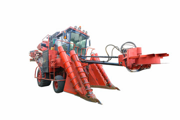 Big red Sugarcane harvester on white background