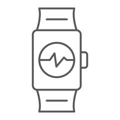 Smart watch thin line icon, clock and digital, gadget sign, vector graphics, a linear pattern on a white background.