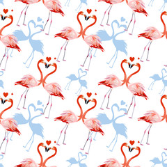Seamless tropical pattern, Two flamingos in love and tropical palm leaves, plants, bird of paradise. Romantic Valentine's Day template. Pattern trend design.