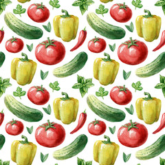 Watercolor seamless pattern with red tomato, pepper, cucumber and greenery on the white background. Watercolor vegetables. Template for card, wallpaper, poster, banner, menu