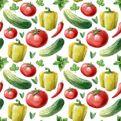 Watercolor seamless pattern with red tomato, pepper, cucumber and greenery on the white background. Watercolor vegetables. Template for card, wallpaper, poster, banner, menu