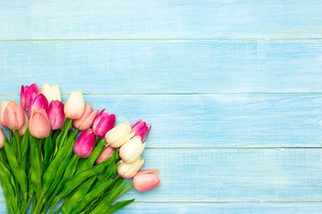 Beautiful pink tulip flowers on blue summer wooden background with copy space. Easter and spring greeting card. Minimal style.