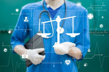 Doctor pushing button justice healthcare network on tablet virtual panel medicine.