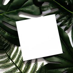 Creative layout made of tropical leaves with empty white paper frame. Flat lay. Eco nature concept. Minimal style.
