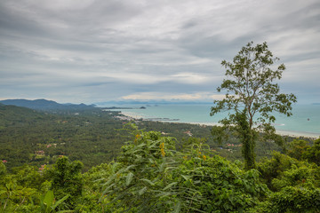 Aerial view Dramatic stormy cloud sky above Nathon Pier of Koh Samui island, Thailand in turquoise sea. Tropical Storm Pabuk.