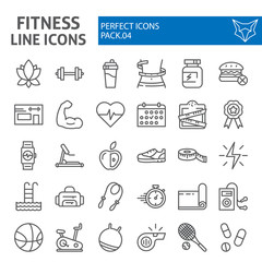 Fitness line icon set, sport symbols collection, vector sketches, logo illustrations, workout signs linear pictograms package isolated on white background.